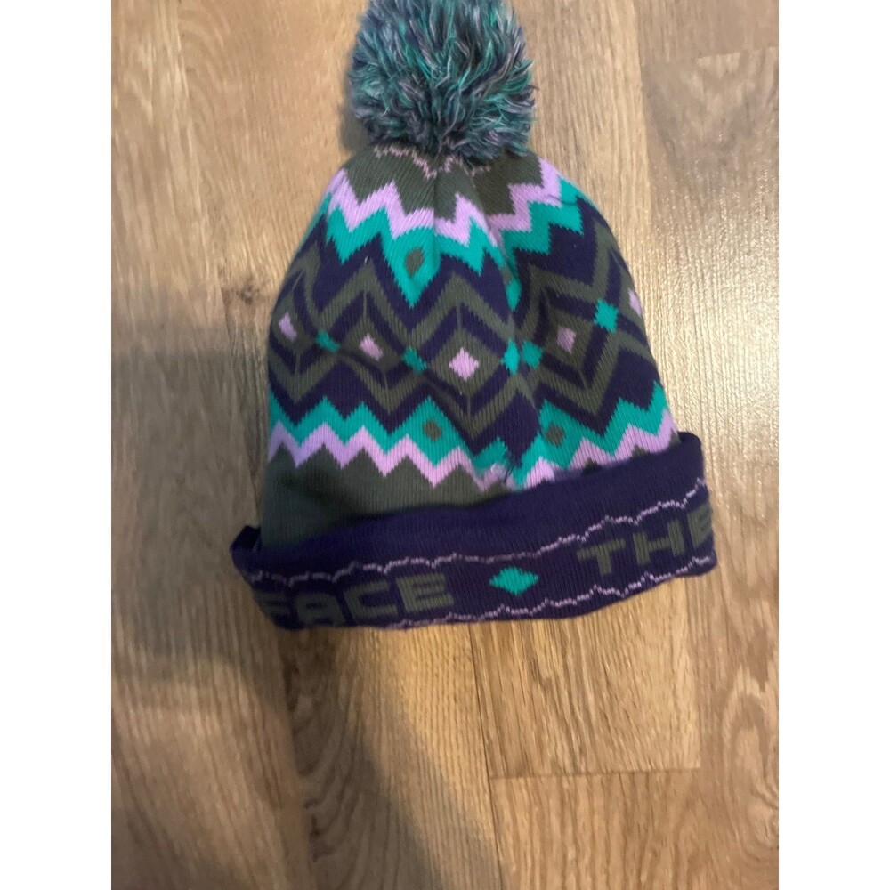The North Face Knit Beanie Pom Pom Fair Isle Tribal Geometric Ski Hat Purple Tea